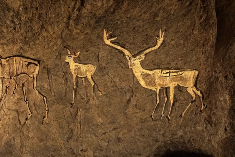 Prompt: a cave painting of a deer and a 1 9 5 0 s sci - fi robot. lascaux cave paintings, chauvet