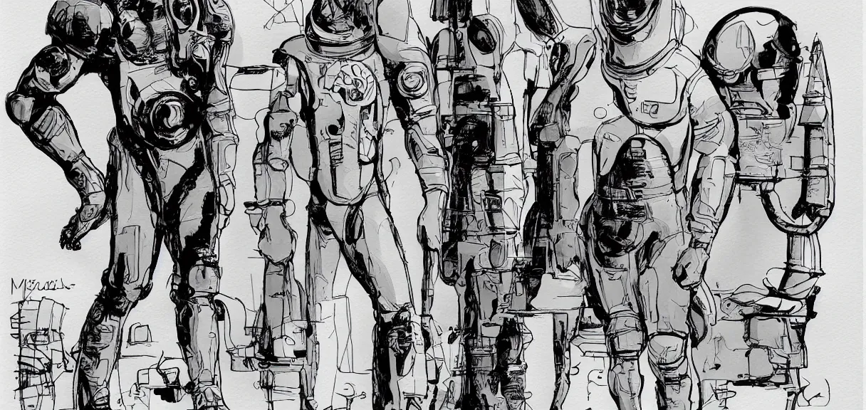 Image similar to male, full body, space suit with a modern helmet, large shoulders, short torso, long thin legs, tiny feet, character sheet, science fiction, very stylized character design, very stylized proportions, pen and ink, digital painting, watercolor wash, by mike mignola, by alex maleev, jean giraud