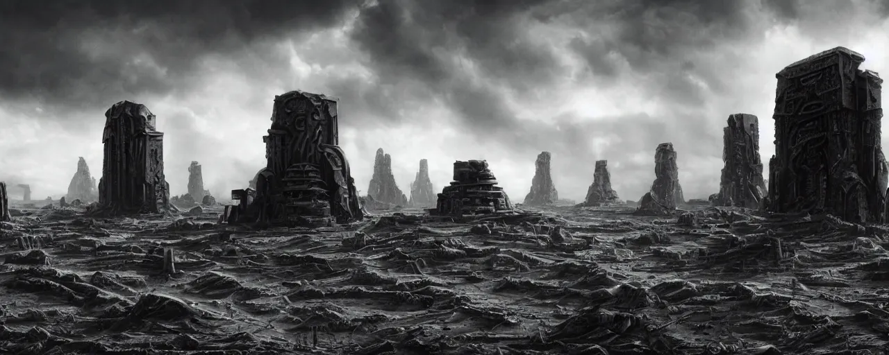 Image similar to a large ominous and geometric ruins of an alien civilization built on a barren dry land with an epic cloud formation on the background by HR GIger, Dariusz Zawadzki, Neil blevins, Feng Zhu, gustave doré, zhuoxin ye, very detailed, octane render, 8k, oranate and brooding, scary and dark, canon 24mm lens