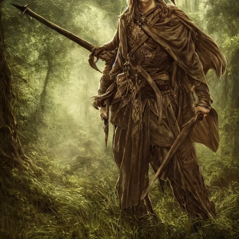 Prompt: the righteous elvish warrior in the woods, stream, clouds, grass, forest, trees, facing the woods, lord of the rings style, fantasy, poster, character portrait, portrait, close up, concept art, intricate details, highly detailed, full body, 8 k, detailed face, body