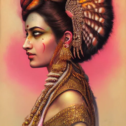 Image similar to side portrait of a beautiful Indian queen of tigers, pink and gold, by Anato Finnstark, Tom Bagshaw, Brom