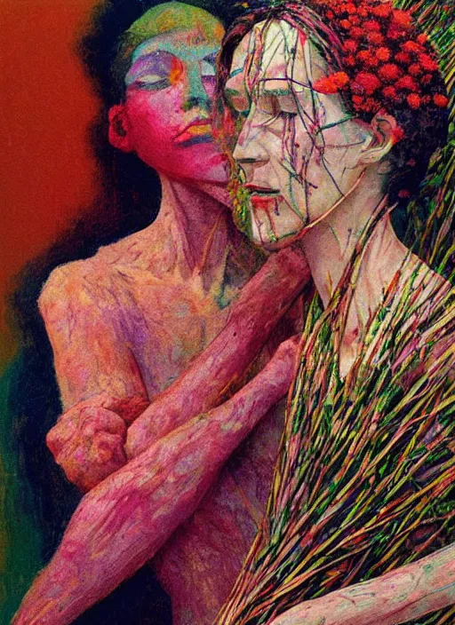 Image similar to portrait of women made of twigs and colorful flowers hugging Edward Hopper and James Gilleard, Zdzislaw Beksinski, highly detailed