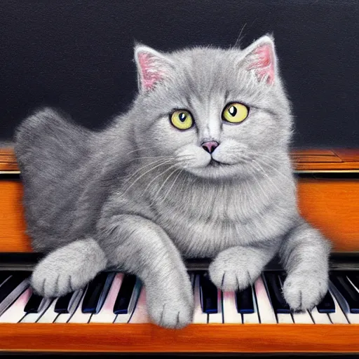 Prompt: cute fluffy grey british short hair cat with background of curved piano keys and musical notes colorful detailed oil painting 4 k