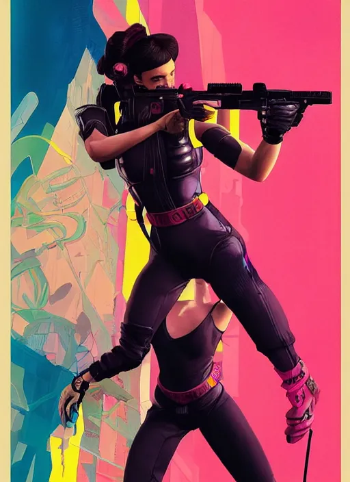 Image similar to beautiful cyberpunk female athlete wearing pink jumpsuit and firing a futuristic yellow belt fed automatic pistol. poster for pistol. cyberpunk ad poster by james gurney, azamat khairov, and alphonso mucha. artstationhq. gorgeous face. painting with vivid color, cell shading. buy now! ( rb 6 s, cyberpunk 2 0 7 7 )