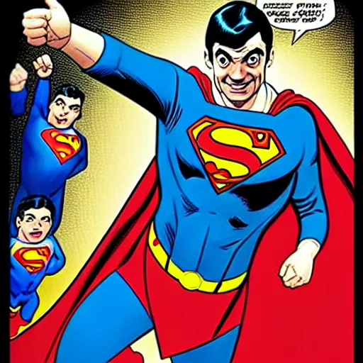 Image similar to mr bean as superman. dc comics coverart, comicbook, comic panel