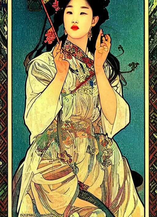 Prompt: Liu yifei sitting on the throne on a tarot card, tarot in art style by Alphonse Mucha