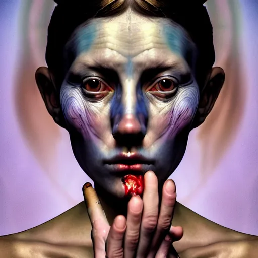 Image similar to Colour Caravaggio style Photography of Beautiful woman with highly detailed 1000 years old face wearing higly detailed sci-fi halo above head designed by Josan Gonzalez. Woman holding cigarette in between fingers , Many details . In style of Josan Gonzalez and Mike Winkelmann andgreg rutkowski and alphonse muchaand Caspar David Friedrich and Stephen Hickman and James Gurney and Hiromasa Ogura. volumetric natural light