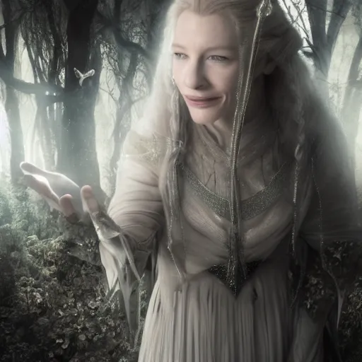 Prompt: portrait of ((mischievous)), baleful young, smiling (Cate Blanchett) as Galadriel as a queen of fairies, dressed in a beautiful silver dress. The background is a dark, creepy eastern europen forrest. night, horroristic shadows, high contrasts, lumnious, photorealistic, dreamlike, (mist filters), theatrical, character concept art by ruan jia, John Anster Fitzgerald, thomas kinkade, and J.Dickenson, trending on Artstation