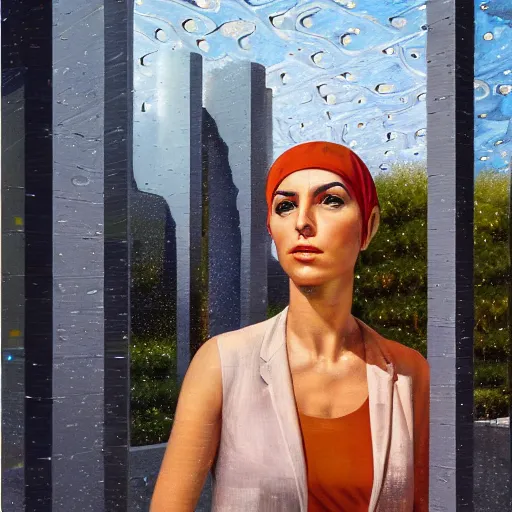 Image similar to detailed face of an arabic woman, travertine and stainless steel courtyard, terrazzo, tectonic sky, skydome, reactor, utopian, tech noir, wet reflections, prism, atmospheric, ambient, pj crook, syd mead, livia prima, artgerm, greg rutkowski, nick alm, casey baugh