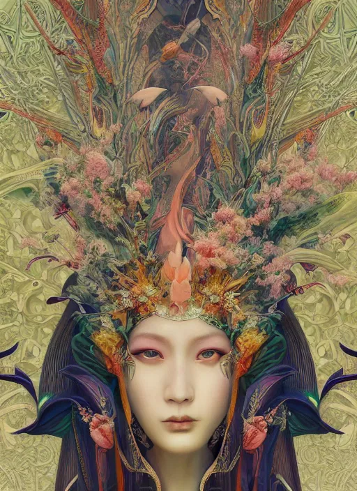 Prompt: portrait full three kingdom breathtaking detailed concept art painting art deco pattern of birds goddesses amalmation flowers head thibetan temple, by hsiao ron cheng, tetsuya ichida, bizarre compositions, exquisite detail, extremely moody lighting, 8 k, art nouveau, old chines painting, art nouveau