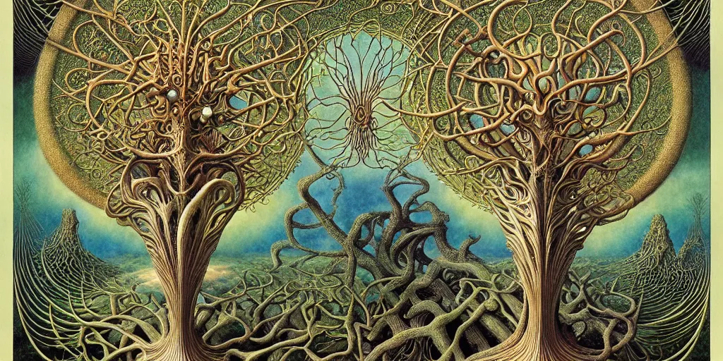 Image similar to tree of life by roger dean and andrew ferez, art forms of nature by ernst haeckel, divine chaos engine, symbolist, visionary, art nouveau, botanical fractal structures, organic, detailed, realistic, surreality