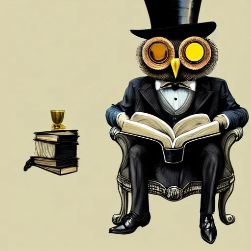 Prompt: a well-dressed owl wearing a monocle and a top hat, sitting in an armchair and reading a book, digital painting, concept art, trending on artstation, highly detailed