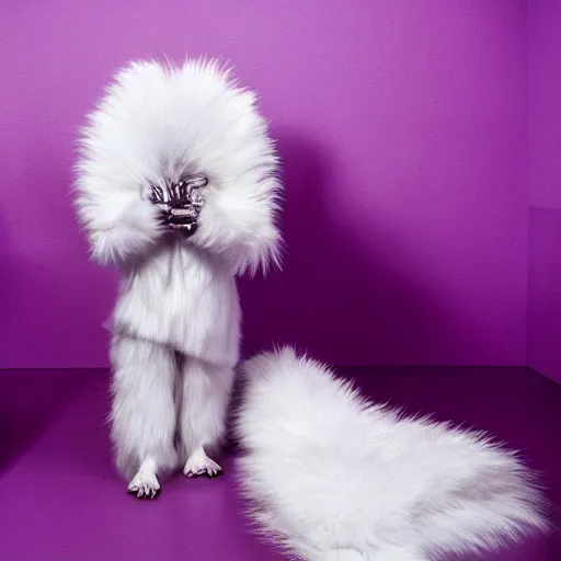 Image similar to A photo of a white fur monster standing in a purple room