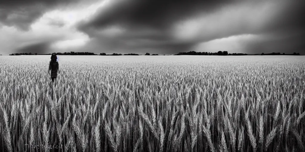 Image similar to girl is standing in a wheat field with heavy black clouds and a thunder in the background, photo by Ted Gore,