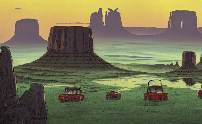 Prompt: a realistic cell - shaded studio ghibli concept art from paprika ( 2 0 0 6 ) of a flying multi - colored rocketship from close encounters of the third kind ( 1 9 7 7 ) in a flooded monument valley stonehenge jungle with giant trees on a misty starry night. a camel caravan is in the foreground. very dull colors, portal, hd, 4 k, hq
