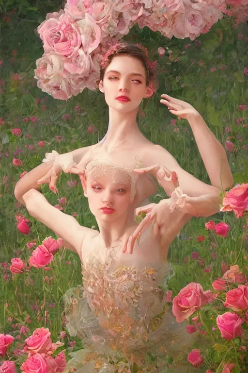 Image similar to stunningly beautiful, prima ballerina in rose garden, symmetrical face, golden hour, smooth, focus, highly detailed, hyper realistic, dramatic lighting, elegant, intricate, concept art, art by wlop, mars ravelo, greg rutowski, artstation