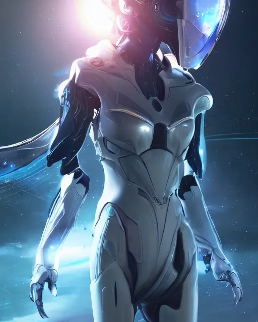 Image similar to perfect android girl on a mothership, warframe armor, beautiful face, scifi, futuristic, galaxy, nebula, raytracing, dreamy, long white hair, blue cyborg eyes, sharp focus, cinematic lighting, highly detailed, artstation, divine, by gauthier leblanc, kazuya takahashi, huifeng huang