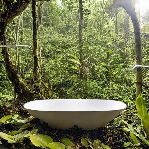 Image similar to pristine porcelain bath filled with bubbles in a clearfelled jungle, slash and burn, deforestation