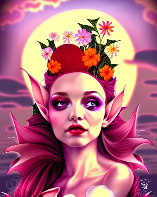 Image similar to burlesque elf, flowers in hair, fantasy character portrait, soft clouds, floral sunset, ultra realistic, concept art, intricate details, art nouveau, cinematic, highly detailed