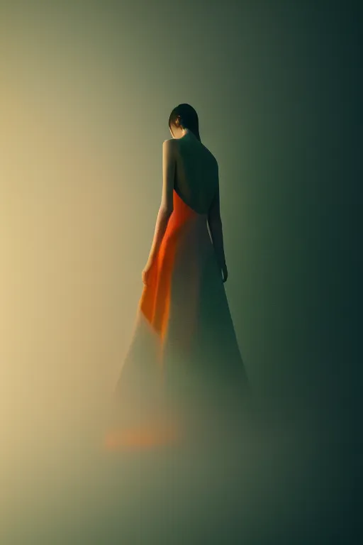 Image similar to a runway model wearing dorhout mees, macro photography, long exposure photograph, surrealism, anamorphic bokeh, cozy, soft light, orange and teal, caustic, atmospheric fog, octane render, cinematic