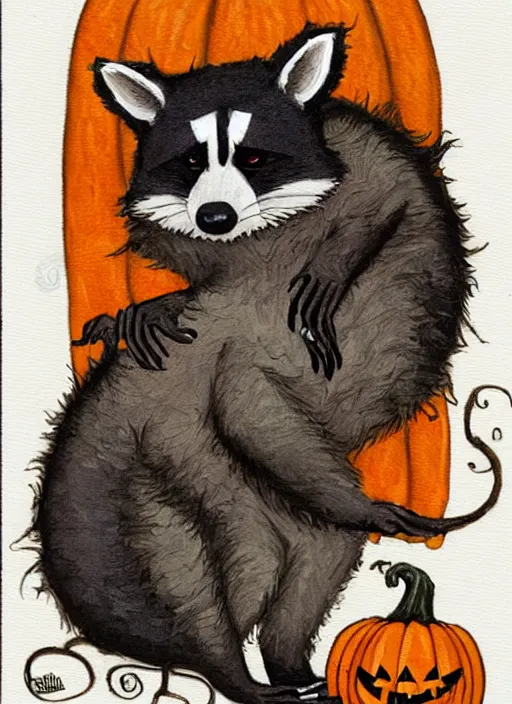 Image similar to halloween pumpkin in the shape of a raccoon by Rebecca Guay art, high quality, highly detailed,