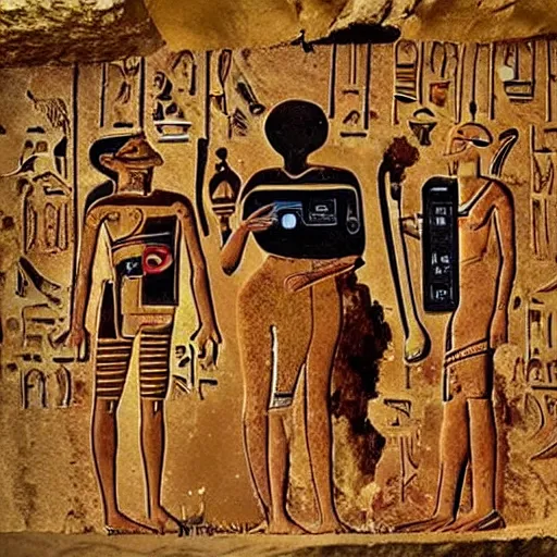 Image similar to Archaeologists discover cave painting with hieroglyphics depicting modern smartphones and aliens photorealistic