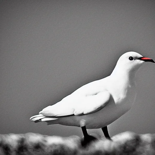 Prompt: a realistic photo of a white bird in a solid black room, high contrast, 8k, film grain, highly detailed