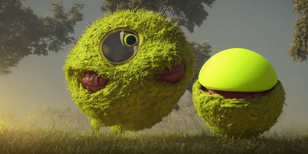 Prompt: a photo of 8 k ultra realistic giant tennis ball monster, tennis ball monsters, creepy, weird, funny, exotic, cinematic lighting, trending on artstation, 4 k, hyperrealistic, focused, high details, unreal engine 5, cinematic, alien planet atmosphere in background, 3 d render by basil gogos and beeple