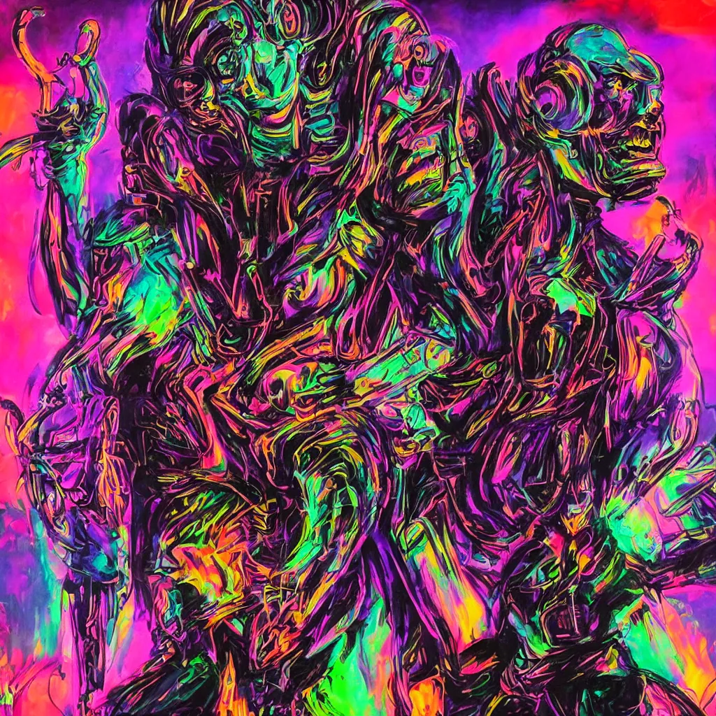 Prompt: psychedelic cyberpunk demon painting, rocking out, headphones DJ Rave