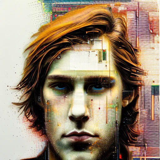 Prompt: hyperrealistic portrait of a cyberpunk cody fern with chest length long brown hair, by Guy Denning, Johannes Itten, Russ Mills, glitch art, hacking effects, glitch effects, digital tech effects, cybernetics, detailed lines, chromatic, color blocking!, oil on canvas, front view, front facing, highly detailed, symmetrical, octane, concept art, abstract, blue and black, 8k, cinematic, trending on artstation