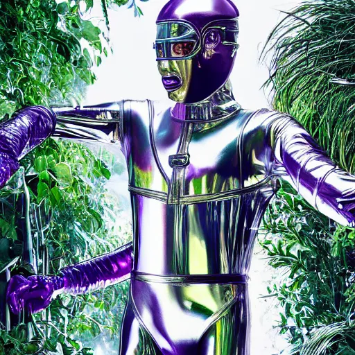 Image similar to conde nast traveler photo, inside a futuristic detailed alien jungle made out of shiny reflective chrome, futuristic android with limbs made out of stretchy rubber tubing mixed with shiny colorful giant intricate detailed chrome gauntlets and chest piece and luchador mask, wearing a long purple velvet cape, fog and mist