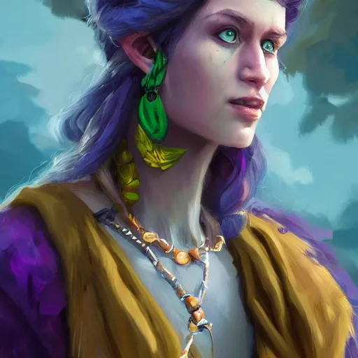 Image similar to A professional digital portrait painting of a D&D druid, painted by Rebecca Sugar, 4k, digital art, trending on cgsociety, highly detailed, upper body shot, shallow depth of field, purple and yellow lighting, professional lighting, airbrush,