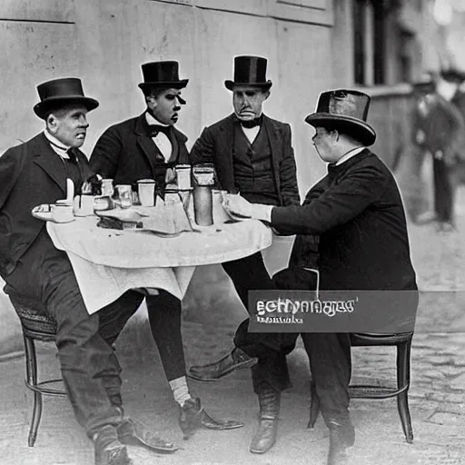 Image similar to paris at early 2 0 th century. two gentlemen with top hats are having a coffee around a table at river seine ´ s bank. the two gentlemen are watching a painter at the banks on river seine, where he is painting something on a canvas. the painter is ewan mcgregor