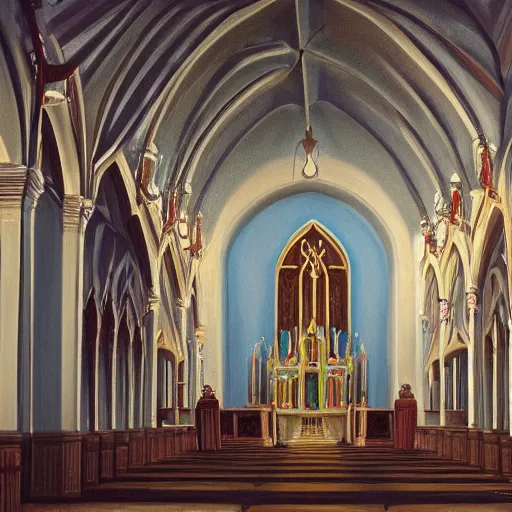 Image similar to a symmetrical cult church, oil painting, pale colors, high detail, 8 k, wide angle, trending on artstation,