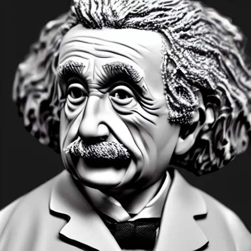 Image similar to ultra realistic and intricate detailed photograph of mini Albert Einstein toy in a tuxedo, innovation, bright modern style, artstation, unreal render, depth of field, ambient lighting, award winning, stunning