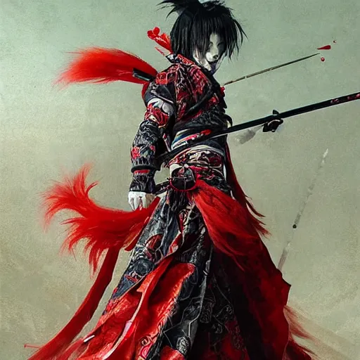 Prompt: an epic portrait of insane kabuki male wielding a spear covered in a distorting aura, intricate hakama, poofy red wig, eerie, highly detailed, dark fantasy, shallow depth of field, art by artgerm and greg rutkowski