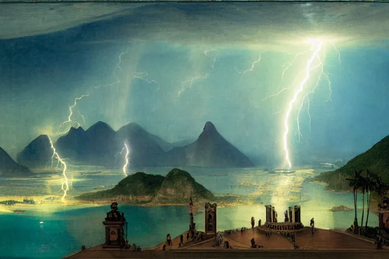 Image similar to Rio de Janeiro balustrade and palace columns, refracted lightnings on the ocean, thunderstorm, tarot cards characters, beach and Tropical vegetation on the background major arcana sky and occult symbols, by paul delaroche, hyperrealistic 4k uhd, award-winning, very detailed paradise