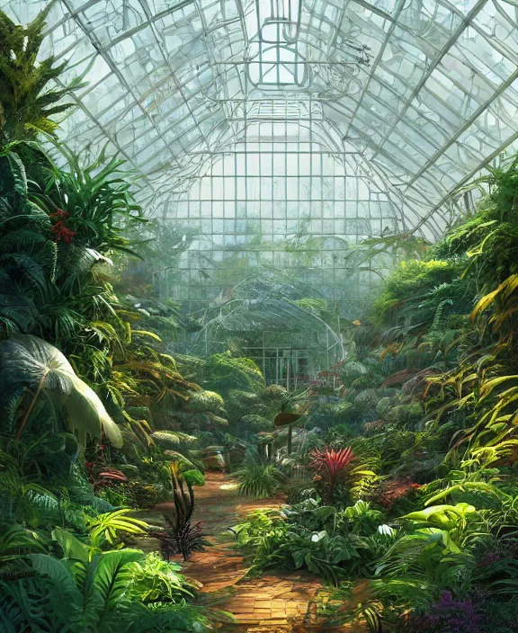 Image similar to an enormous conservatory greenhouse, overgrown with exotic fungus, overgrown with huge ferns, noon, sun drenched, partly cloudy, by dan mumford, yusuke murata, makoto shinkai, ross tran, cinematic, unreal engine, cel shaded, featured on artstation, pixiv