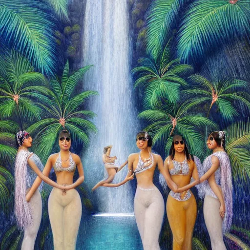 Image similar to a ultradetailed beautiful painting of the kardashians standing in front of the diamonds waterfall in the amazonas palace balustrade designed by jules bastien - lepage, tarsila do amaral, frank weston and gustave baumann, beach, trending on artstation, mediterranean, palm trees, sharp focus, soft light, 8 k 4 k