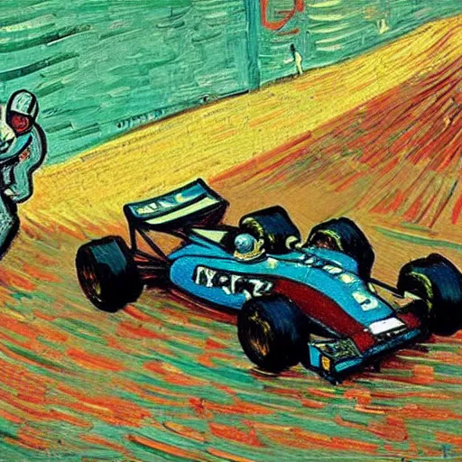 Image similar to formula 1 racing as painted by van gogh, surreal and detailed