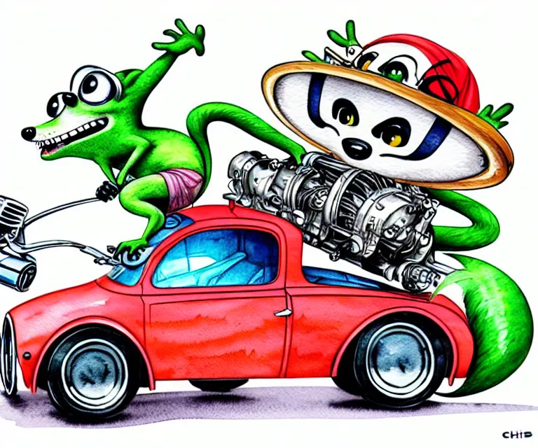 Image similar to cute and funny, racoon riding in a tiny hot rod coupe with oversized engine, ratfink style by ed roth, centered award winning watercolor pen illustration, isometric illustration by chihiro iwasaki, edited by range murata