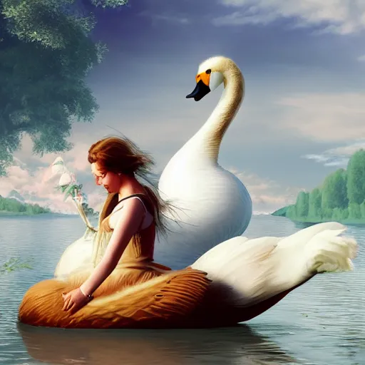 Image similar to a princess riding a giant swan in the lake, trending on artstation