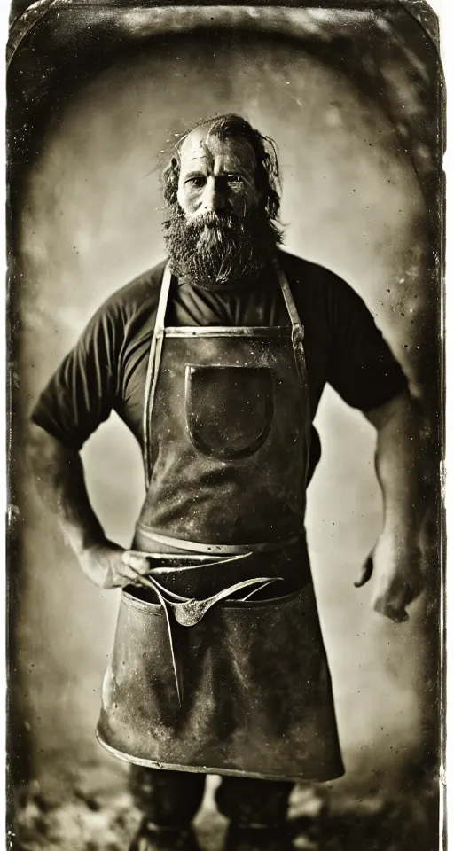 Image similar to a wet plate photograph, a portrait of a burly blacksmith in his apron