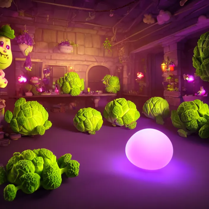 Prompt: high quality 3 d render very cute cabbages party! highly detailed, unreal engine cinematic smooth, moody purple glow light, low angle, uhd 8 k, sharp focus