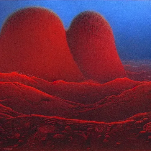 Prompt: only red colour, alien landscape filled with lithups, filigree ornaments, volumetric lights, beksinski