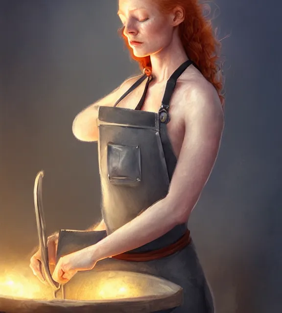 Prompt: cute female blacksmith, perfect face, grey halter top, ginger hair, dirty apron, abs, cinematic, stunning, elegant, highly detailed, psychedelic, digital painting, artstation, smooth, hard focus, illustration, art by jessica rossier and and brian froud