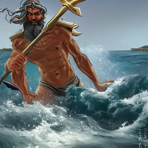 Prompt: Poseidon emerging from the sea and striking down the ancient Greek city of Athens with his trident, high quality DnD illustration, trending on artstation