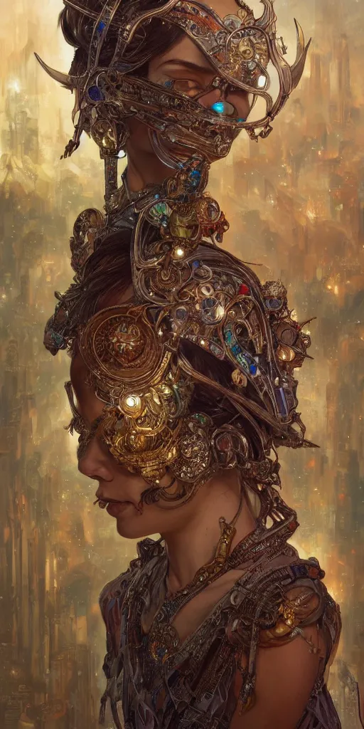 Image similar to HDR portrait photography of The Benevolent Cyborg Queen, ethnic, fantasy, intricate, elegant, highly detailed, digital painting, artstation, HDR photo, smooth, sharp focus, illustration, art by artgerm and greg rutkowski and alphonse mucha