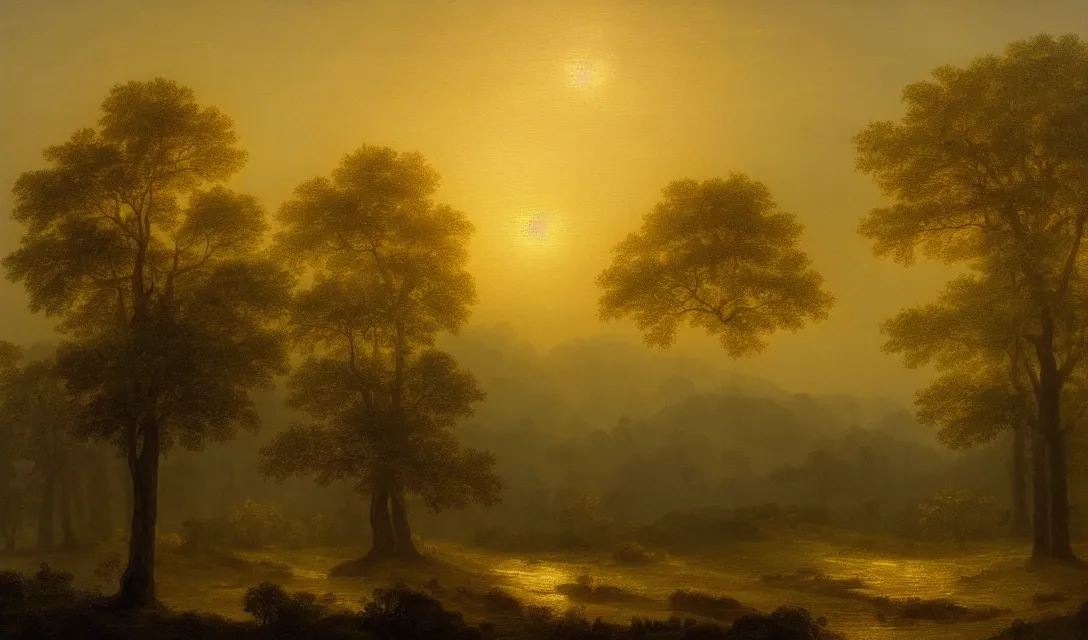 Prompt: a diamond tree forest at sunset, there is golden castle off in the distance, highly detailed landscape painting by claude lorrain but as photography, golden hour, misty ominous atmosphere