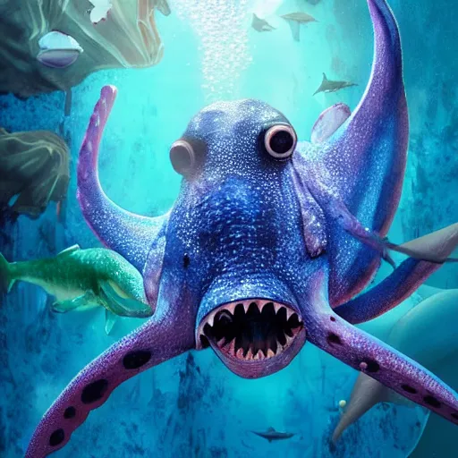 Image similar to an amazing underwater shot of a blue spotted octopus selling snail shells to a shark, trending on artstation cgsociety, award winner, highly detailed, cinematic.